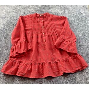 Lucky Brand Womens Large Baby Doll Peasant Smocked  Red Floral Top Bell‎ Sleeve